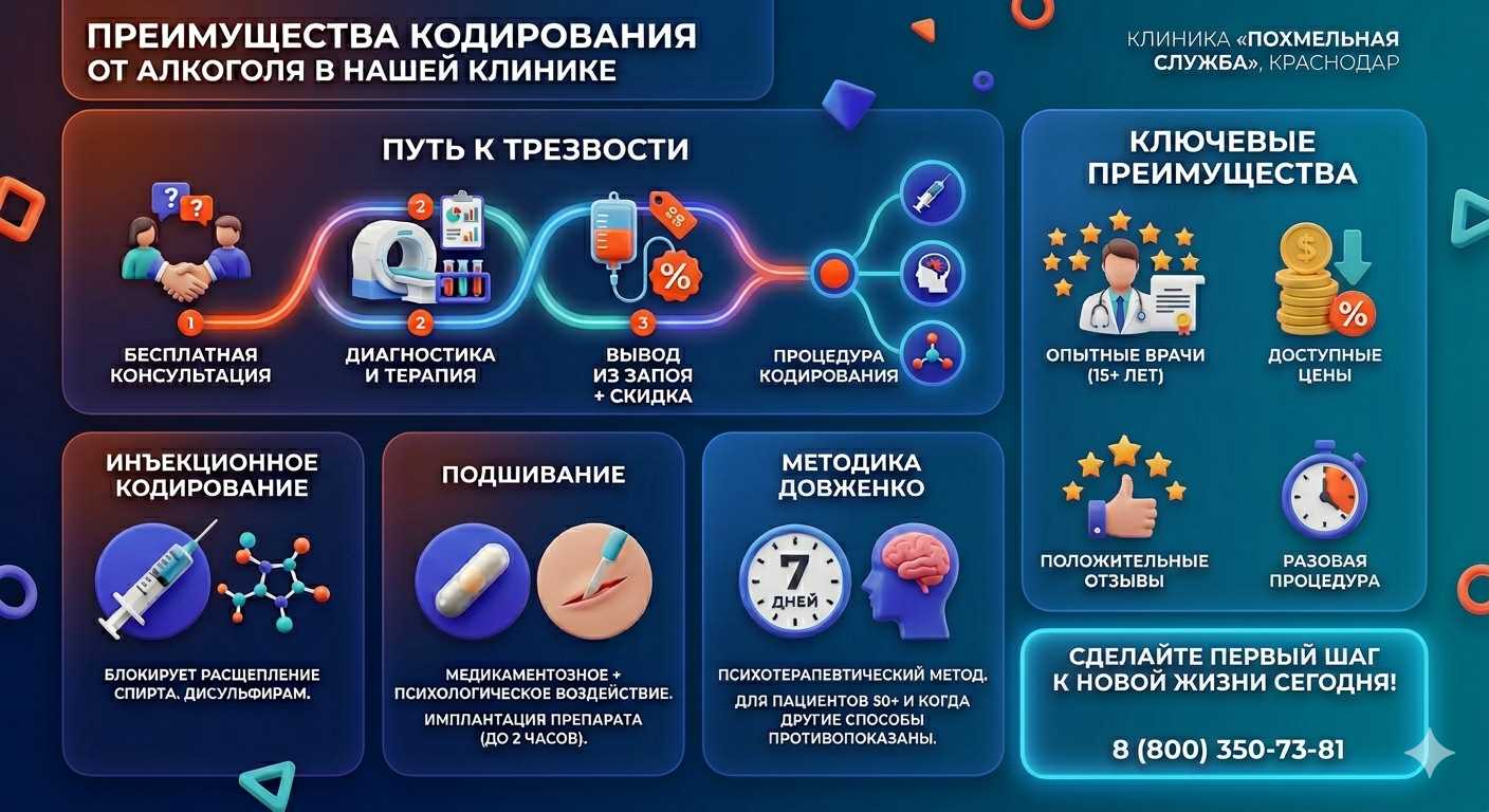 Инфографика о методах кодирования от алкоголя в Слюдянке: инъекции, подшивание, метод Довженко. Преимущества клиники и этапы лечения.