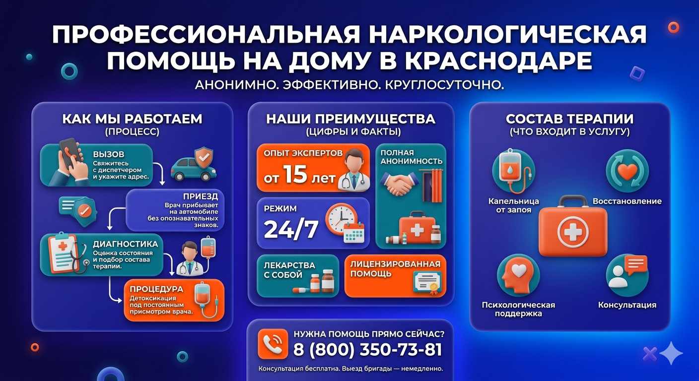 Инфографика о принципах лечения алкоголизма на дому в Слюдянке: этапы вызова нарколога, преимущества анонимной детоксикации и состав медицинской помощи.